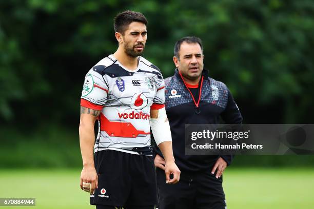 Shaun Johnson looks on with assistant coach Stacey Jones during a New Zealand Warriors NRL training session at Mt Smart Stadium on April 21, 2017 in...