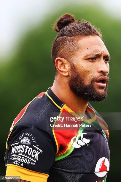 Manu Vatuvei looks on during a New Zealand Warriors NRL training session at Mt Smart Stadium on April 21, 2017 in Auckland, New Zealand.