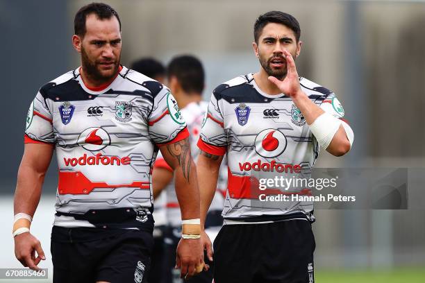 Bodene Thompson and Shaun Johnson run through drills during a New Zealand Warriors NRL training session at Mt Smart Stadium on April 21, 2017 in...