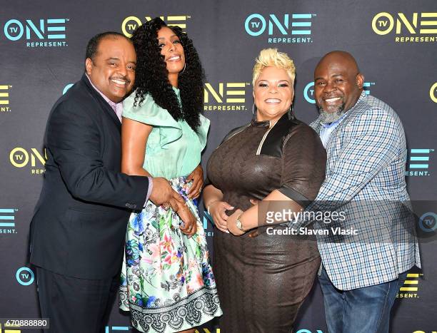 Personalities Roland Martin, Tasha Smith, David and Tamela Mann attend TV One Upfront press junket of upcoming 4Q17 and 2018 programming slate at...