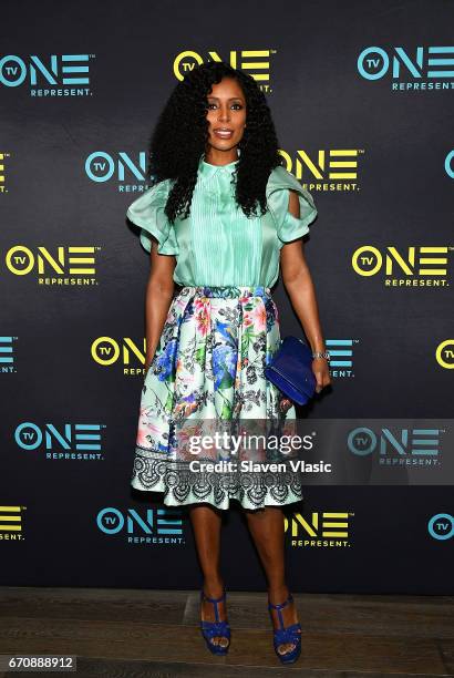 Actress Tasha Smith attends TV One Upfront press junket of upcoming 4Q17 and 2018 programming slate at Current at Chelsea Piers on April 20, 2017 in...