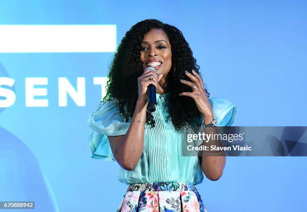 Actress Tasha Smith attends TV One Upfront press junket of upcoming 4Q17 and 2018 programming slate at Current at Chelsea Piers on April 20, 2017 in...