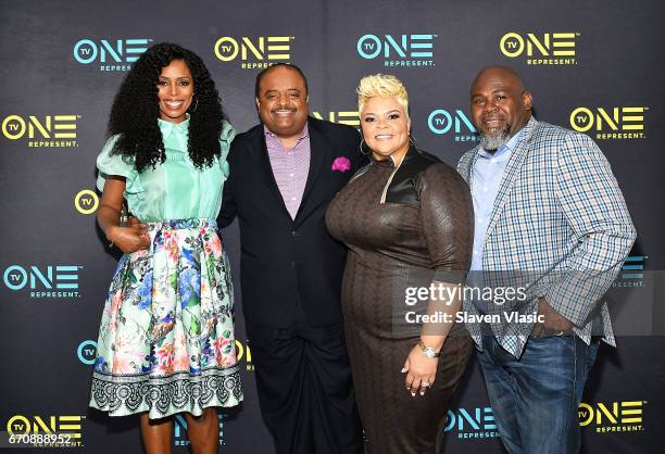 Personalities Roland Martin, Tasha Smith, David and Tamela Mann attend TV One Upfront press junket of upcoming 4Q17 and 2018 programming slate at...