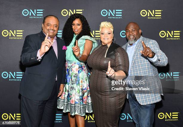 Personalities Roland Martin, Tasha Smith, David and Tamela Mann attend TV One Upfront press junket of upcoming 4Q17 and 2018 programming slate at...