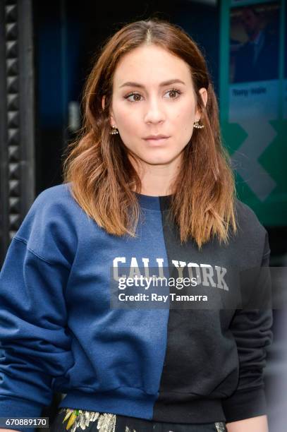 Actress Troian Bellisario enters the "AOL Build" taping at the AOL Studios on April 20, 2017 in New York City.