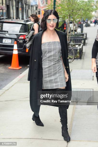 Actress Lucy Hale enters the "AOL Build" taping at the AOL Studios on April 20, 2017 in New York City.