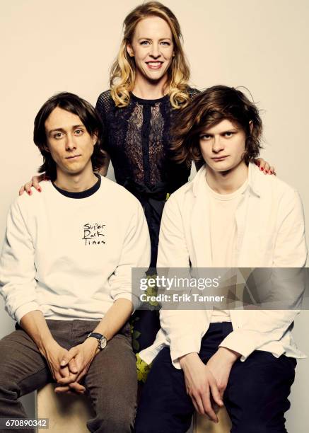 Amy Hargreaves poses with Owen Campbell and Charlie Tahan from 'Super Dark Times' at the 2017 Tribeca Film Festival portrait studio on April 20, 2017...