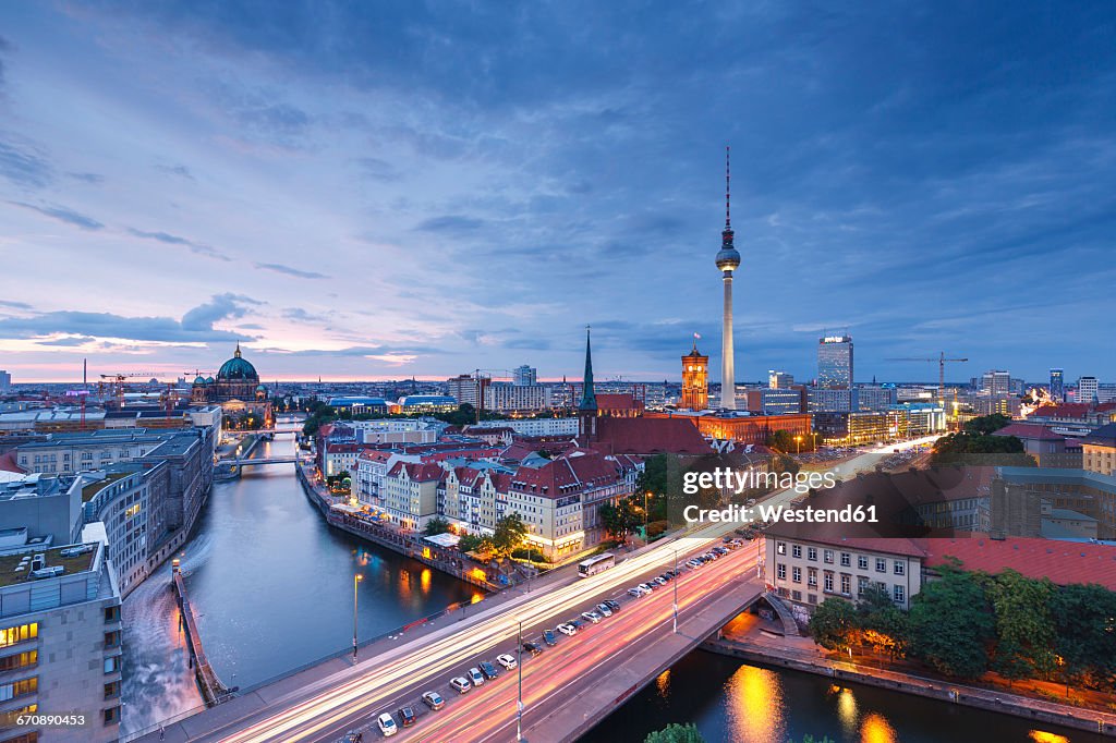 Germany, Berlin, Berlin-Mitte, Fisher Island and Berlin TV Tower in the evening
