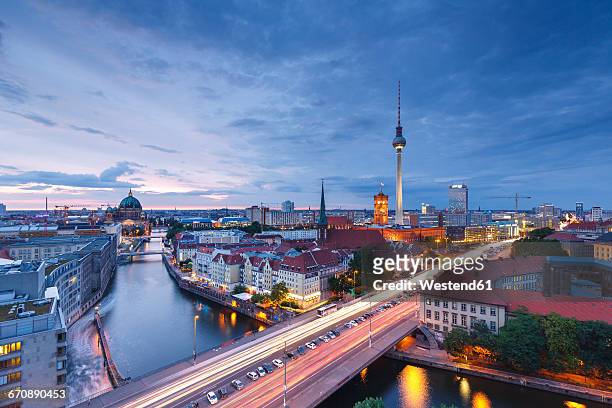 germany, berlin, berlin-mitte, fisher island and berlin tv tower in the evening - berlin stock pictures, royalty-free photos & images
