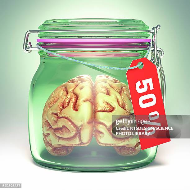 human brain in glass jar with sale label - brain in a jar stock illustrations