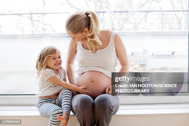 girl touching pregnant mothers tummy - kids belly stock-fotos und bilder