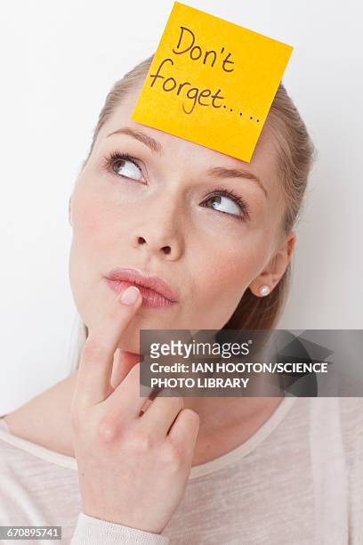 young woman with sticky note - forehead stock-fotos und bilder