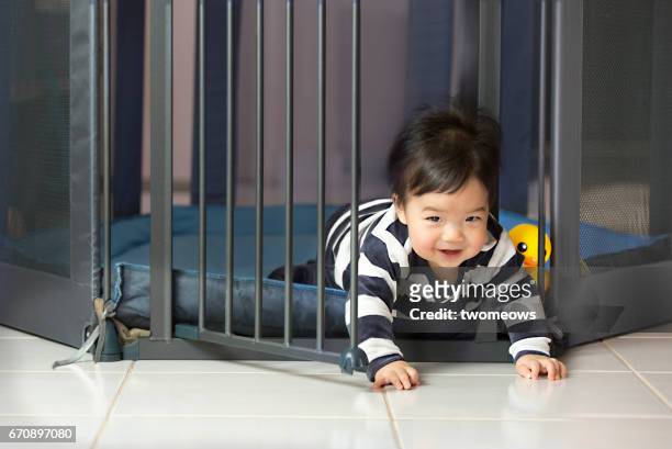 asian toddler boy escaping from play pen. - baby gate imagens e fotografias de stock