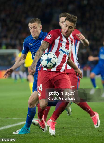 José María Giménez of Club Atletico de Madrid and Jamie Vardy of Leicester City during the UEFA Champions League Quarter Final Second Leg match...