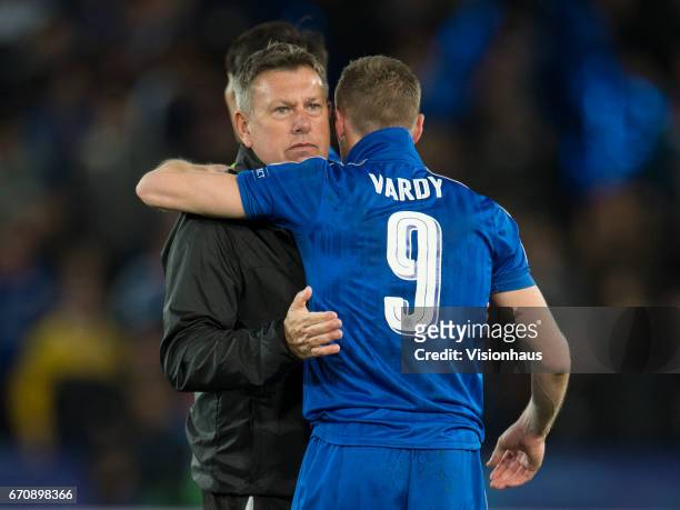 Jamie Vardy embraces Leicester City Manager Craig Shakespeare after the UEFA Champions League Quarter Final Second Leg match between Leicester City...