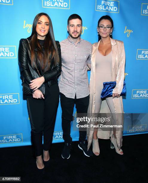 Personalities Sammi Giancola, Vinny Guadagnino and Jennifer 'JWoww' Farley attend the "Fire Island" New York Premiere at Atlas Social Club on April...