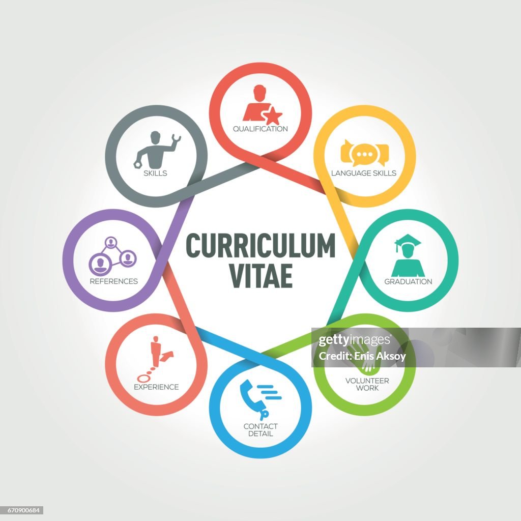 Curriculum Vitae infografía con 8 pasos, partes, opciones de