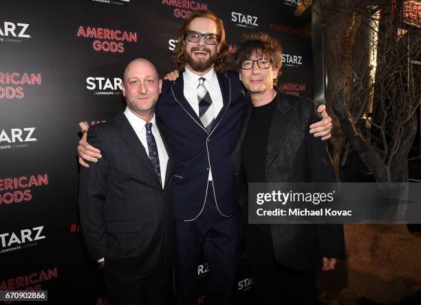 Writer/executive producer Michael Green, Writer/executive producer Bryan Fuller and writer Neil Gaiman attend the "American Gods" premiere at...