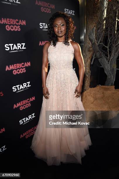 Actor Yetide Badaki attends the "American Gods" premiere at ArcLight Hollywood on April 20, 2017 in Los Angeles, California.