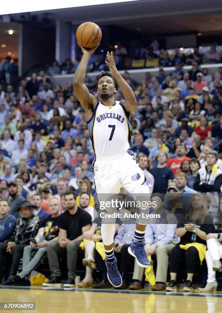 Wayne Selden Jr. #7 of the Memphis Grizzlies shoots the ball against the San Antonio Spurs in game three of the Western Conference Quarterfinals...