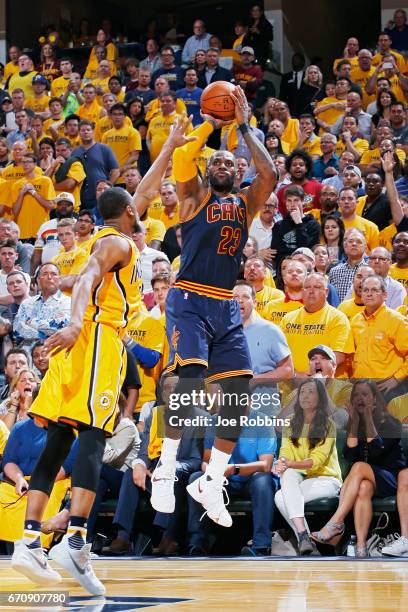 LeBron James of the Cleveland Cavaliers shoots in the fourth quarter of Game Five of the Eastern Conference First Round during the 2017 NHL Stanley...