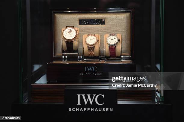 Watches on display during the exclusive gala event 'For the Love of Cinema' during the Tribeca Film Festival hosted by luxury watch manufacturer IWC...