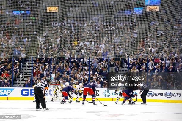 Sidney Crosby of the Pittsburgh Penguins lines up for a face-off against William Karlsson of the Columbus Blue Jackets in Game Four of the Eastern...