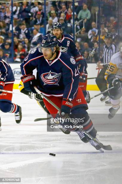 Brandon Saad of the Columbus Blue Jackets controls the puck in Game Four of the Eastern Conference First Round during the 2017 NHL Stanley Cup...