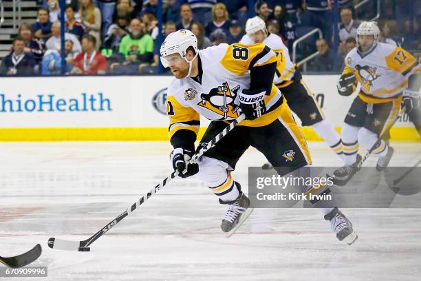 Phil Kessel of the Pittsburgh Penguins controls the puck in Game Four of the Eastern Conference First Round during the 2017 NHL Stanley Cup Playoffs...