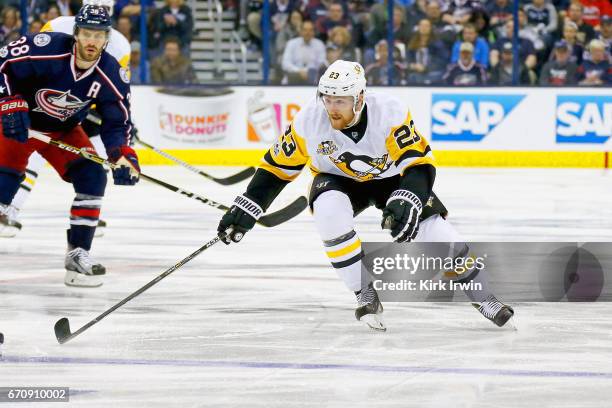 Scott Wilson of the Pittsburgh Penguins skates after the puck in Game Four of the Eastern Conference First Round during the 2017 NHL Stanley Cup...