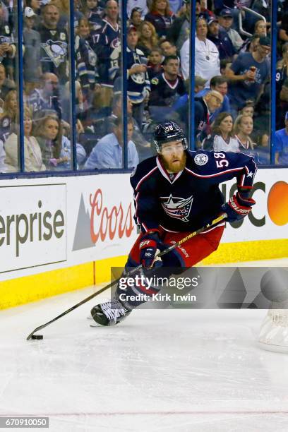 David Savard of the Columbus Blue Jackets controls the puck in Game Four of the Eastern Conference First Round during the 2017 NHL Stanley Cup...