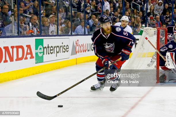 David Savard of the Columbus Blue Jackets controls the puck in Game Four of the Eastern Conference First Round during the 2017 NHL Stanley Cup...