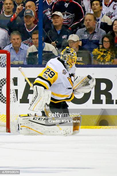 Marc-Andre Fleury of the Pittsburgh Penguins makes a save in Game Four of the Eastern Conference First Round during the 2017 NHL Stanley Cup Playoffs...