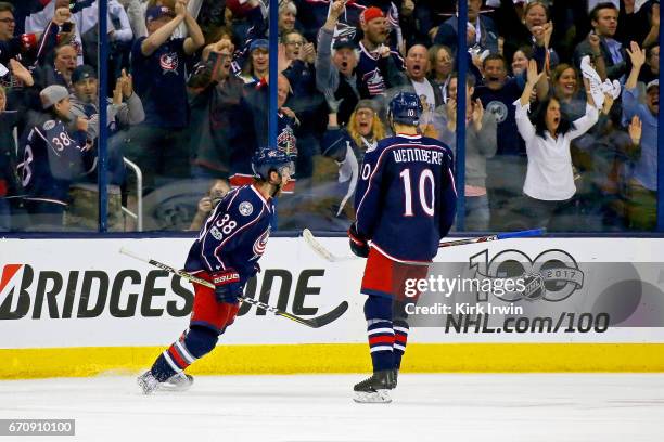 Boone Jenner of the Columbus Blue Jackets celebrates after scoring a goal in Game Four of the Eastern Conference First Round during the 2017 NHL...
