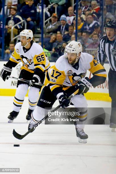 Bryan Rust of the Pittsburgh Penguins controls the puck in Game Four of the Eastern Conference First Round during the 2017 NHL Stanley Cup Playoffs...