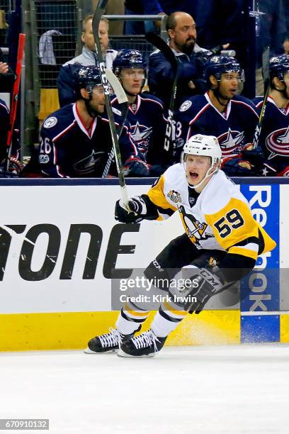 Jake Guentzel of the Pittsburgh Penguins skates after the puck in Game Four of the Eastern Conference First Round during the 2017 NHL Stanley Cup...