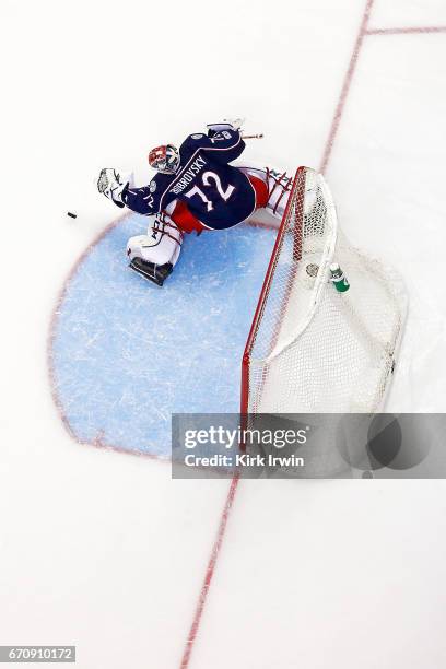 Sergei Bobrovsky of the Columbus Blue Jackets makes a save in Game Four of the Eastern Conference First Round during the 2017 NHL Stanley Cup...