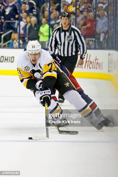 Evgeni Malkin of the Pittsburgh Penguins controls the puck in Game Four of the Eastern Conference First Round during the 2017 NHL Stanley Cup...