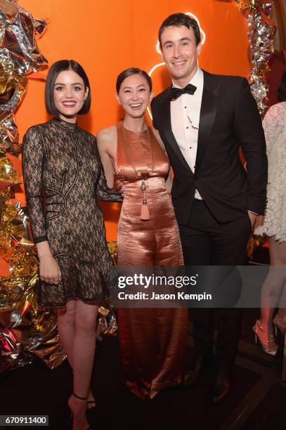 Lucy Hale, Kimiko Glenn, and Huw Collins attend the ASPCA After Dark cocktail party hosted by Lucy Hale at The Plaza Hotel on April 20, 2017 in New...