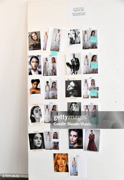 View of the casting/styling board backstage at Marchesa Bridal and Notte Bridal Presentation during New York Fashion Week: Bridal April 2017 at Canoe...