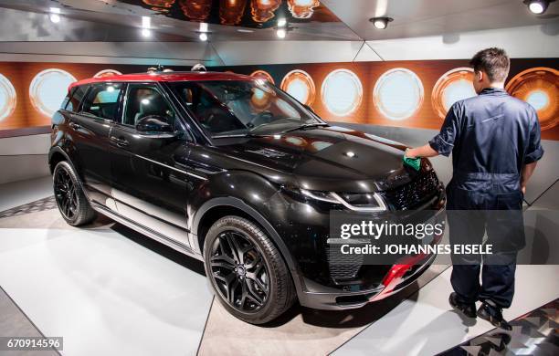 This picture taken on April 19, 2017 shows a Land Rover Range Rover Evoque car pictured during the media day of the 17th Shanghai International...