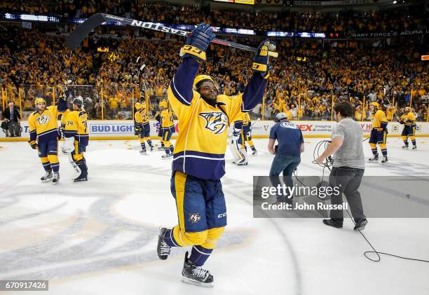Subban of the Nashville Predators raises his stick to salute the fans after a 4-1 series win against the Chicago Blackhawks in Game Four of the...