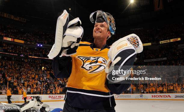 Goalie Pekka Rinne of the Nashville Predators skates onto the ice as the first star of the game after a 4-1 victory in Game Four of the Western...