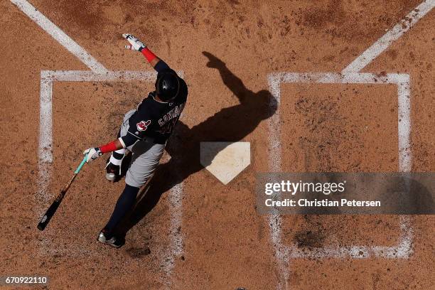 Francisco Lindor of the Cleveland Indians hits a single against the Arizona Diamondbacks during the fourth inning of the MLB game at Chase Field on...