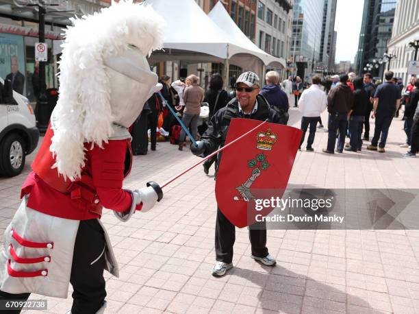 Canadian fencers and volunteers host an outdoor demonstration on Sparks Street during the Medley on the Street event on April 20, 2017 in Ottawa,...