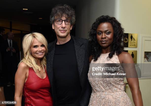 Actor Kristin Chenoweth, writer Neil Gaiman, and actor Yetide Badaki attend the "American Gods" premiere at ArcLight Hollywood on April 20, 2017 in...