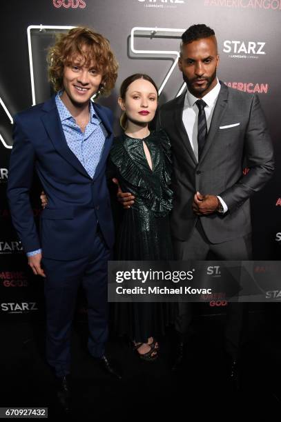 Actors Bruce Langley, Emily Browning, and Ricky Whittle attend the "American Gods" premiere at ArcLight Hollywood on April 20, 2017 in Los Angeles,...