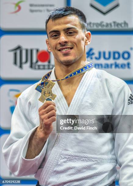 Former World champion, Georgii Zantaraia of Ukraine proudly shows his u66kg gold medal during the 2017 Warsaw European Judo Championships at the...