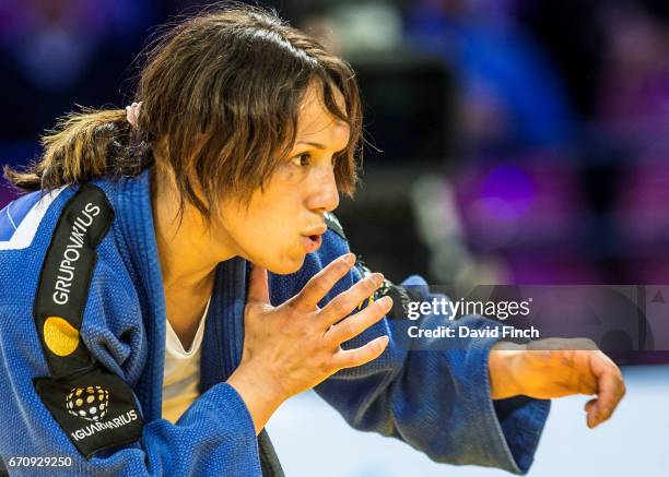 Joana Ramos of Portugal squares up to Rio Olympic champion, Majlinda Kelmendi of Kosovo but eventually lost the u52kg semi-final by an ippon during...