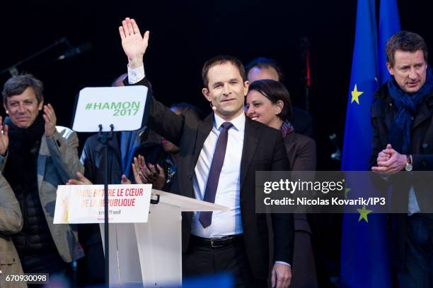 Candidate of the Socialist Party for the 2017 French Presidential Election Benoit Hamon holds a meeting at Place de la Republique on April 19, 2017...